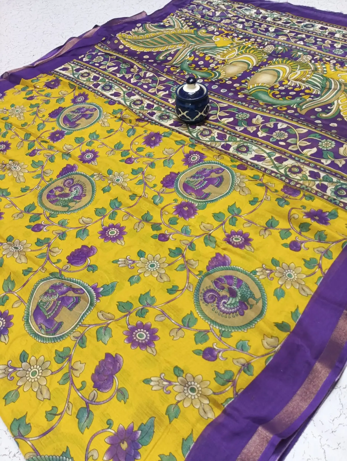 Kalamkari Floral Paisley Medallion Mul Cotton Saree